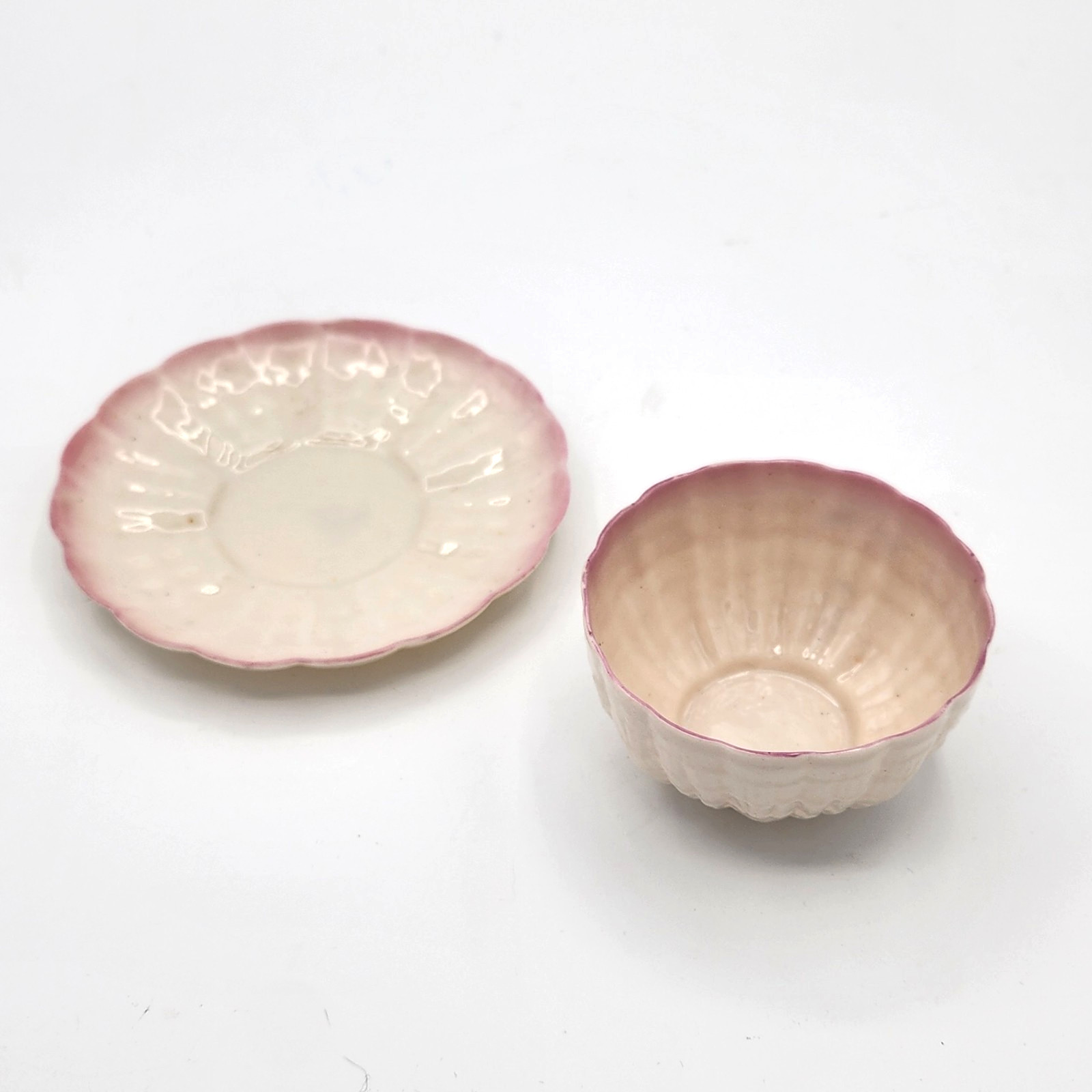 Rare Antique Belleek Tridacna Pink Cup & Saucer 1st Black Mark Shell EUC C.1880