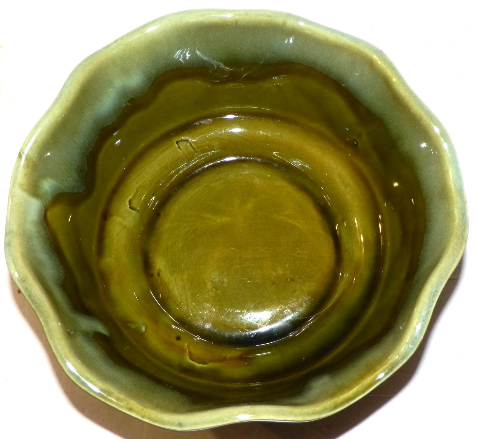Vintage Art Pottery Bowl Green Ombre Drip Glaze Ruffled by Judy of California
