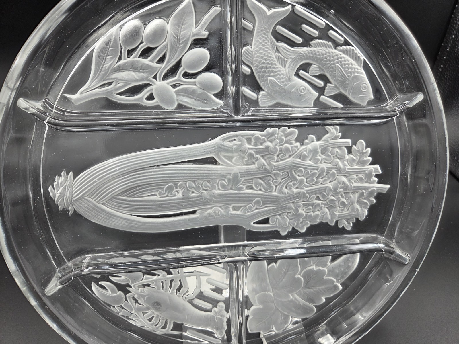 Vintage Indiana Glass Frosted 5 Part Divided Relish Tray Celery Fish Lobster