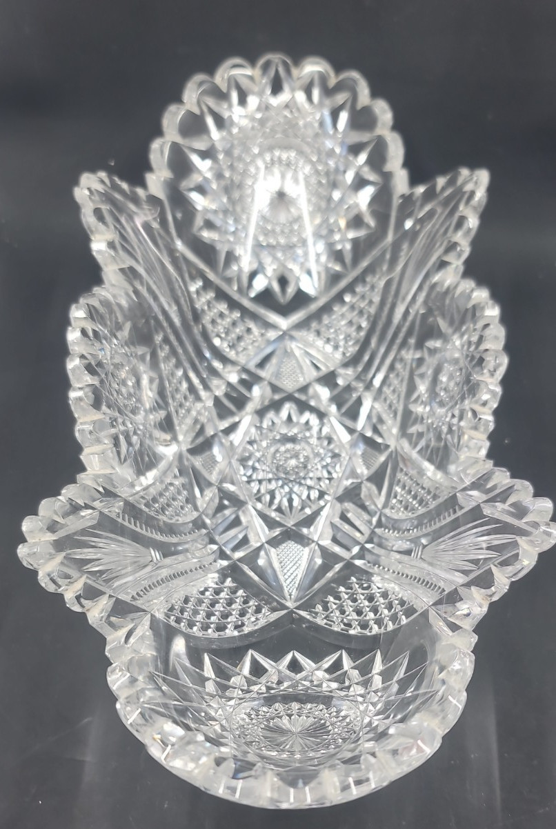 Antique American Brilliant Cut Glass Bowl Hobstar Sawtooth Crystal Centerpiece