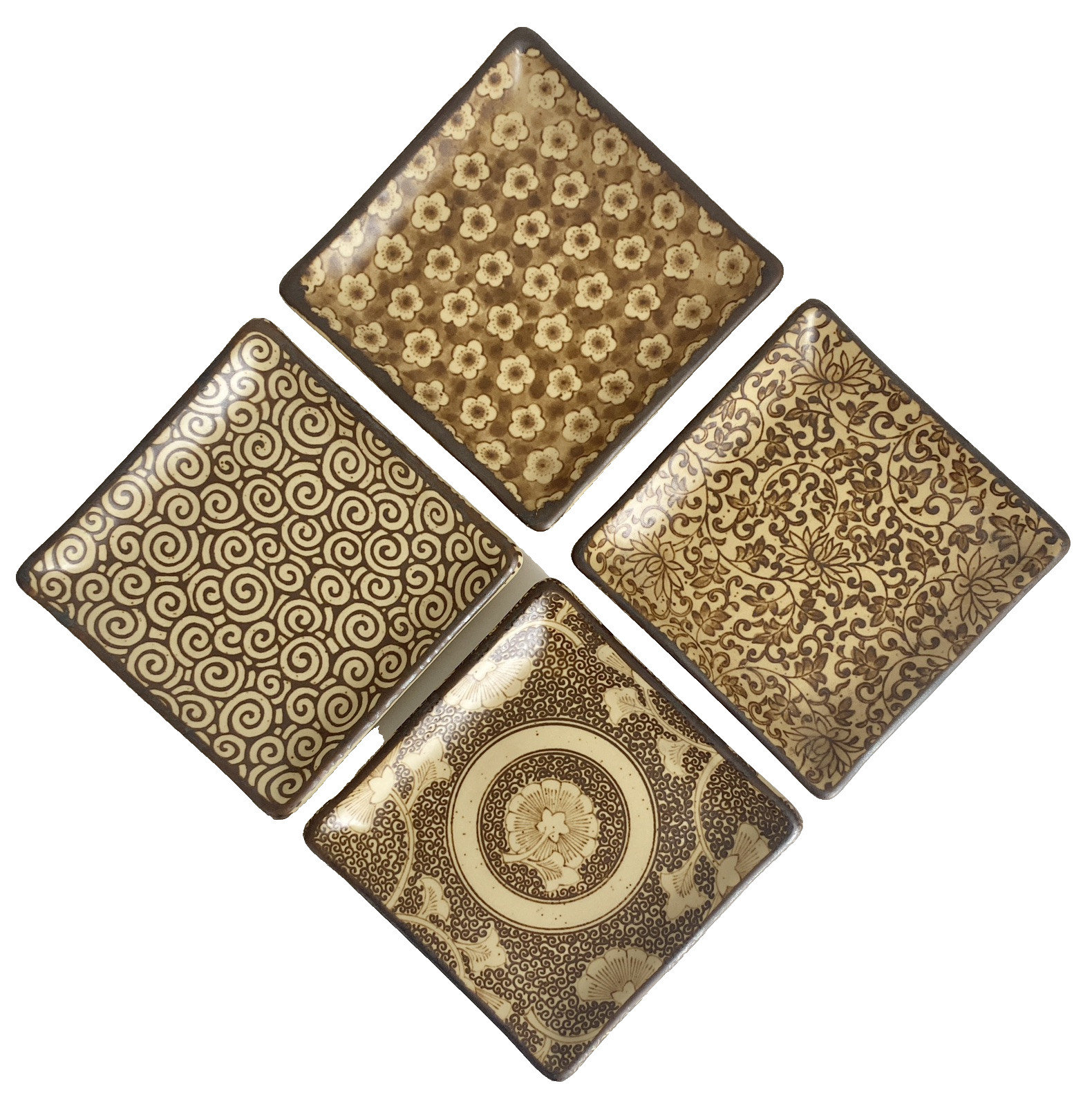 Set/4 Sound Collection SOUSAKU Japan 5″ sushi plates floral scrolls stoneware