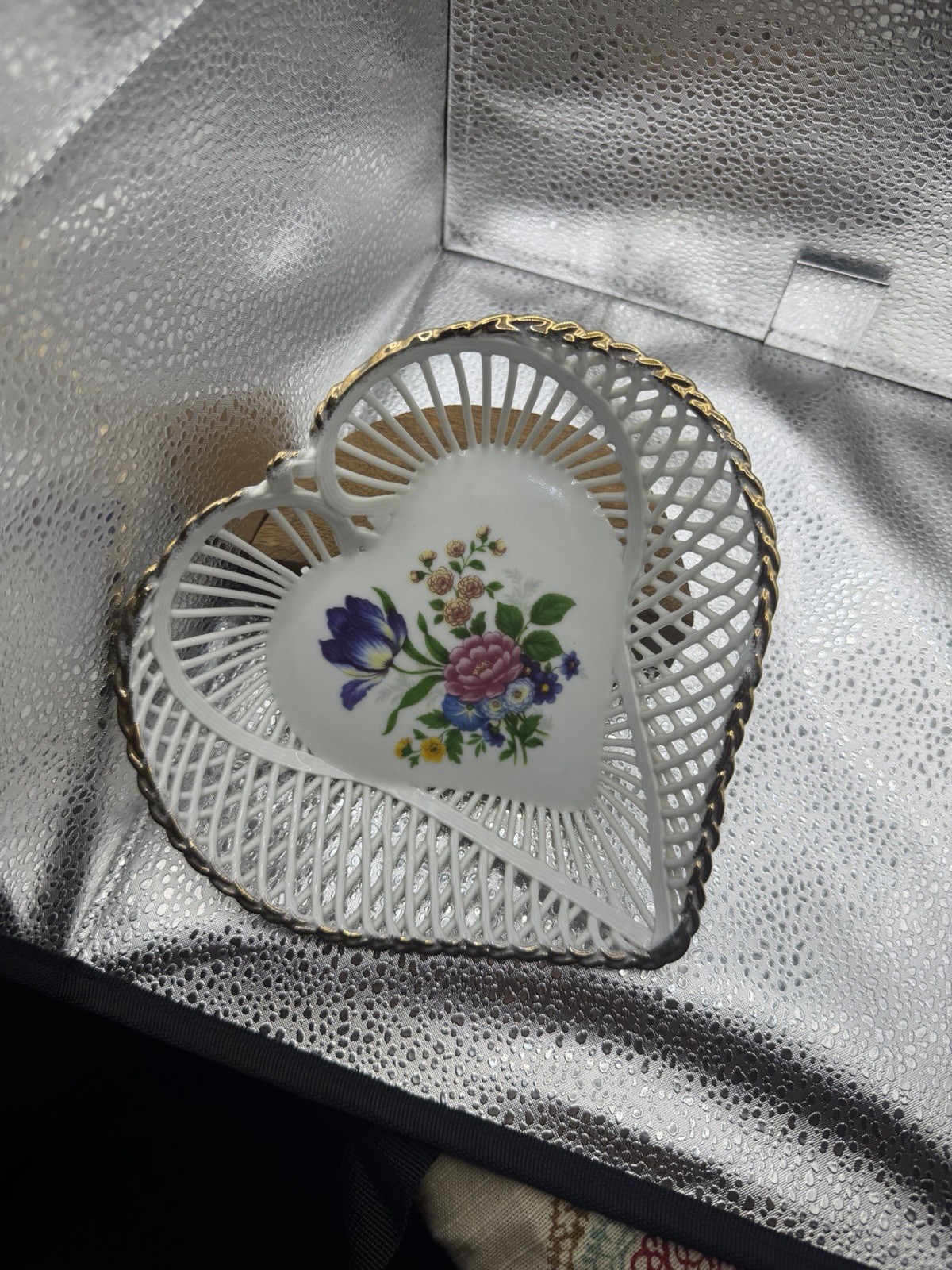Vintage Heart Shaped Reticulated Porcelain Bowl Floral Gold Trim Romania