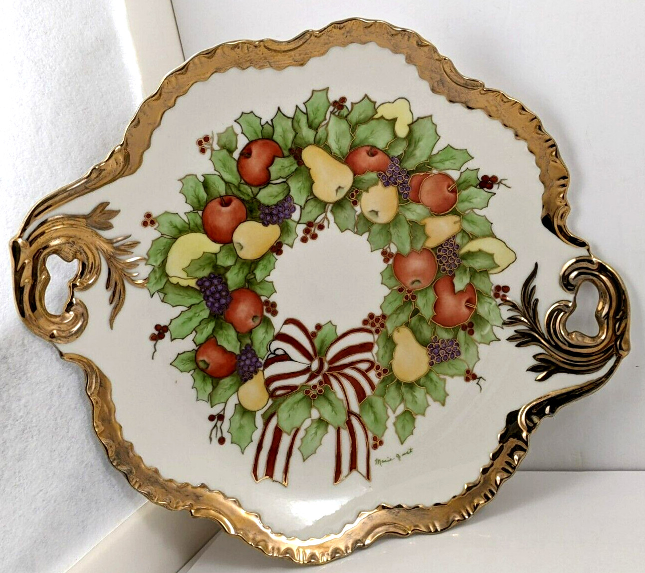 Hand Painted Ceramic Fruit Holly Berry Handled Platter Heavy Gold Trim Signed