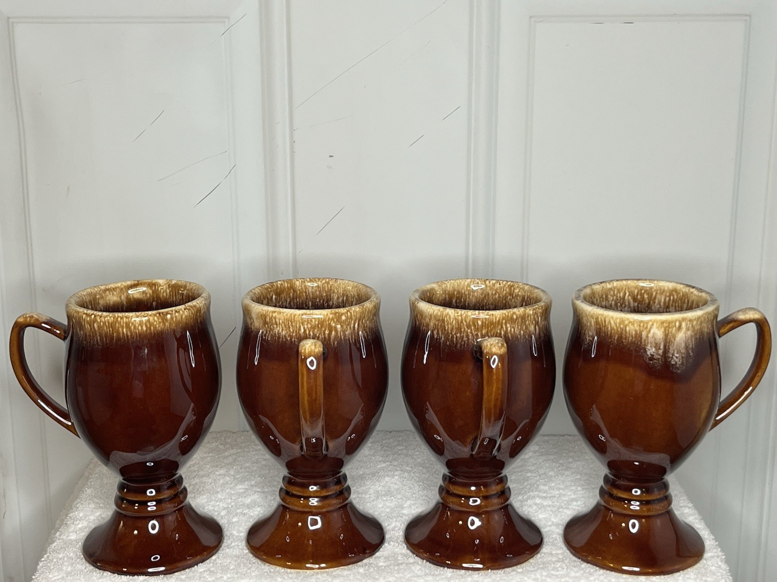 Set of 4 Vintage Hull Pottery Brown Drip Glaze Irish Coffee Pedestal Mugs 6″