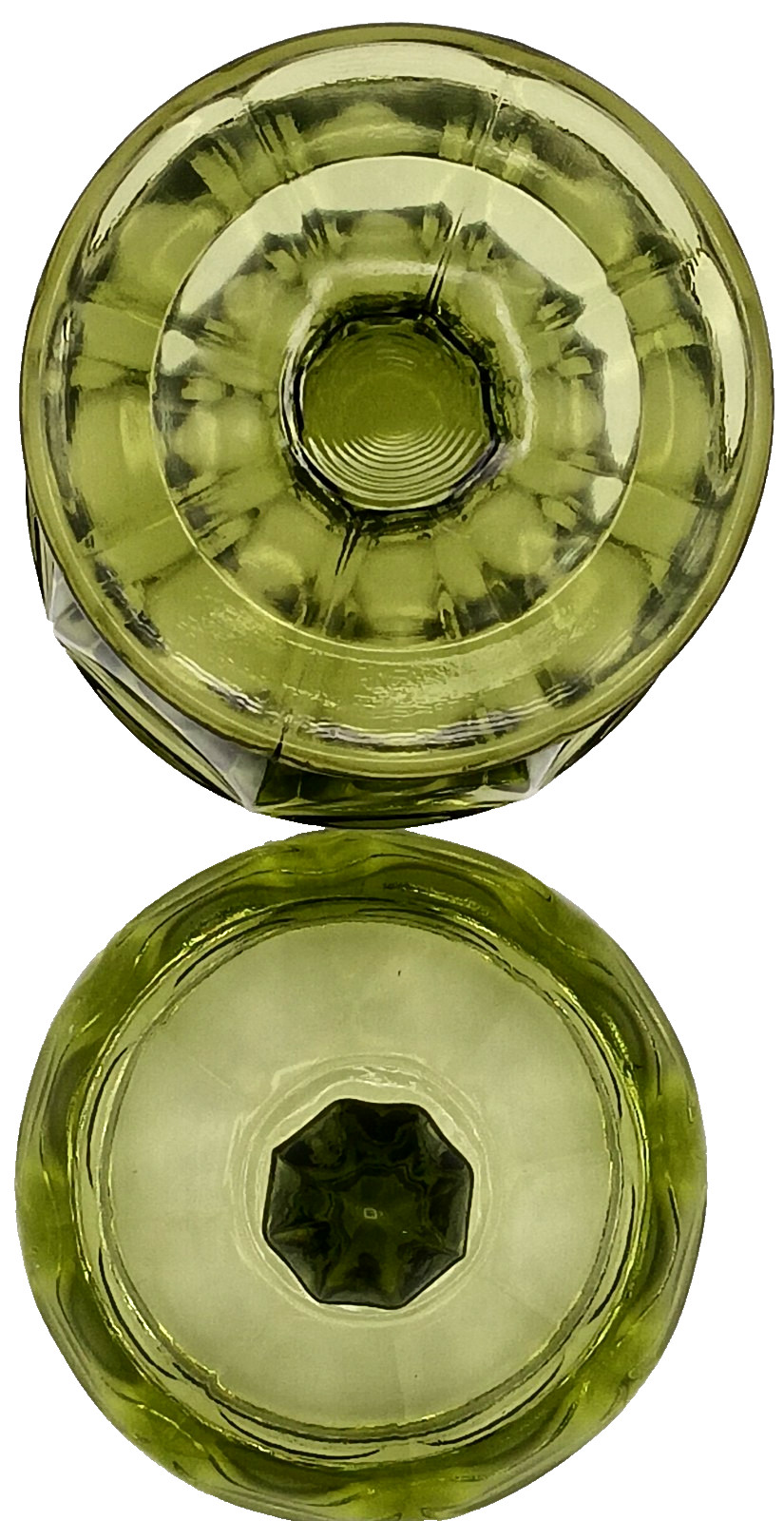 L E Smith? 7.8″ Paneled Olive Green Compote Candy Dish & Matching Lid w/Finial