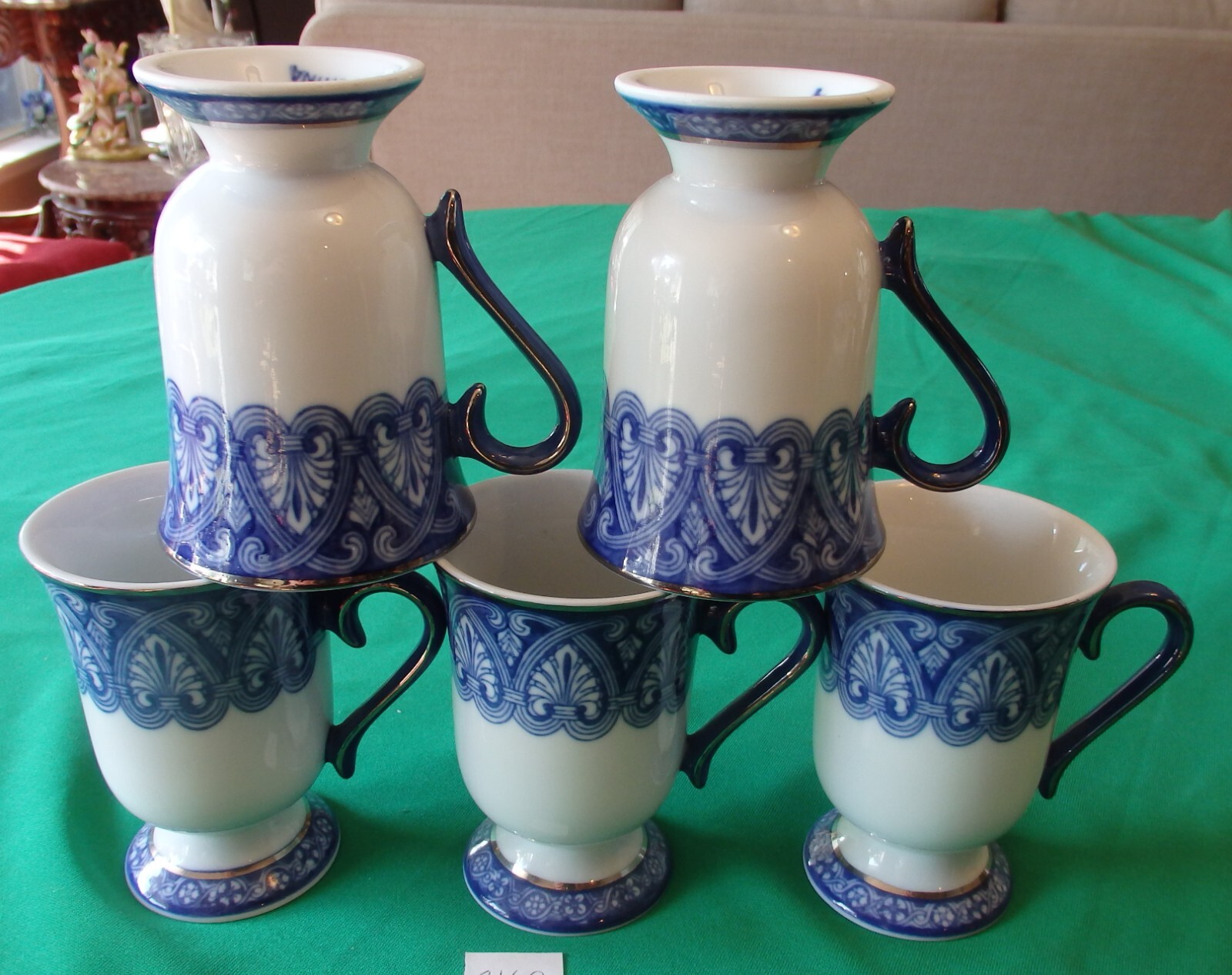 Bombay Co Cobalt Blue White Arabasque Tile Platinum Trim Coffee Tea Mug Set of 5