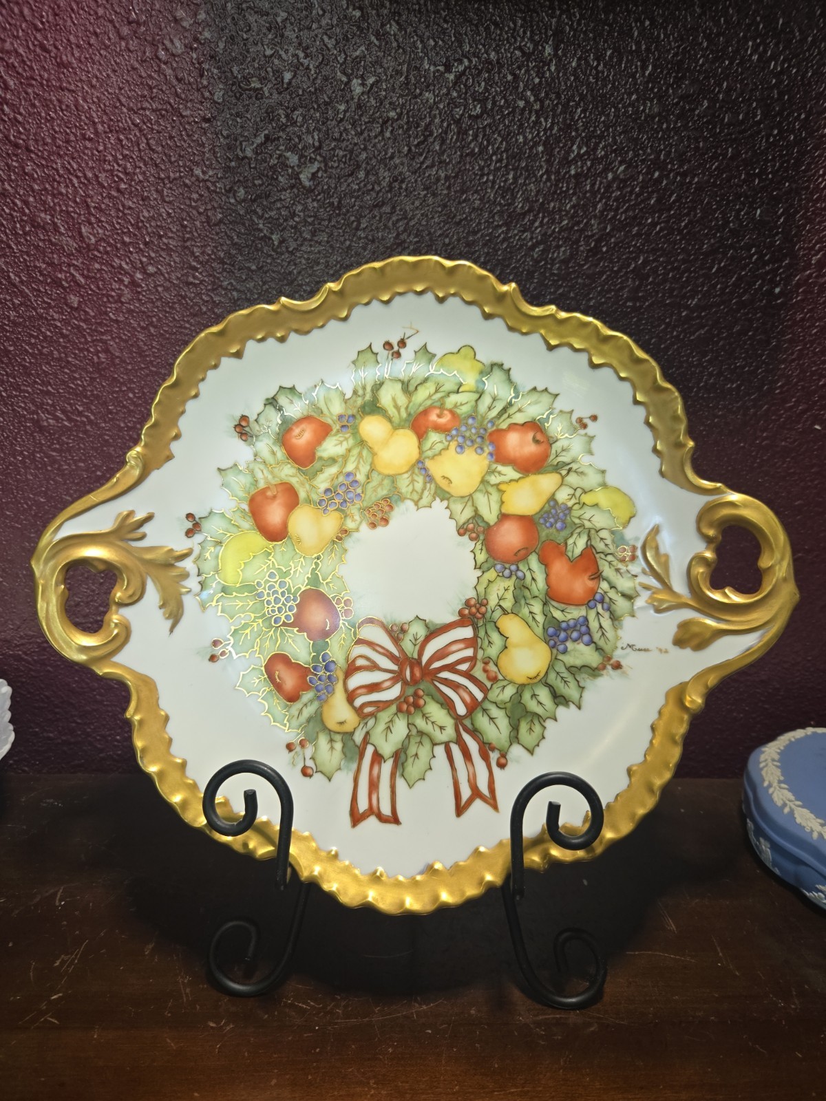 Hand Painted Ceramic Fruit Holly Berry Handled Platter Heavy Gold Trim Signed