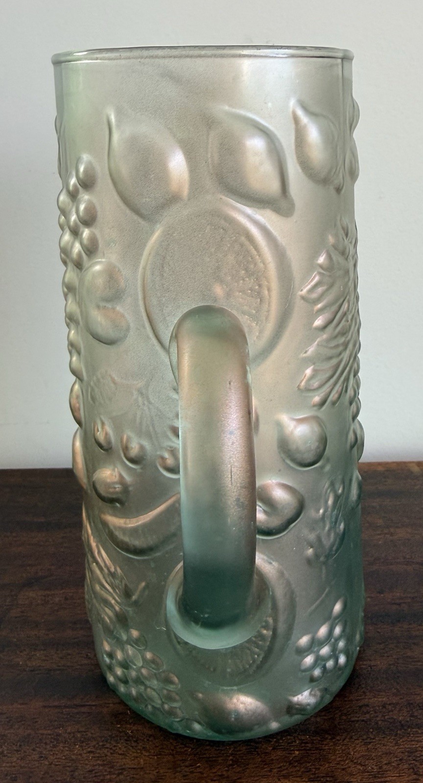 Vintage Ittala Frutta Green Opalecent Tall 9 3/4” Pitcher, Pre Owned.