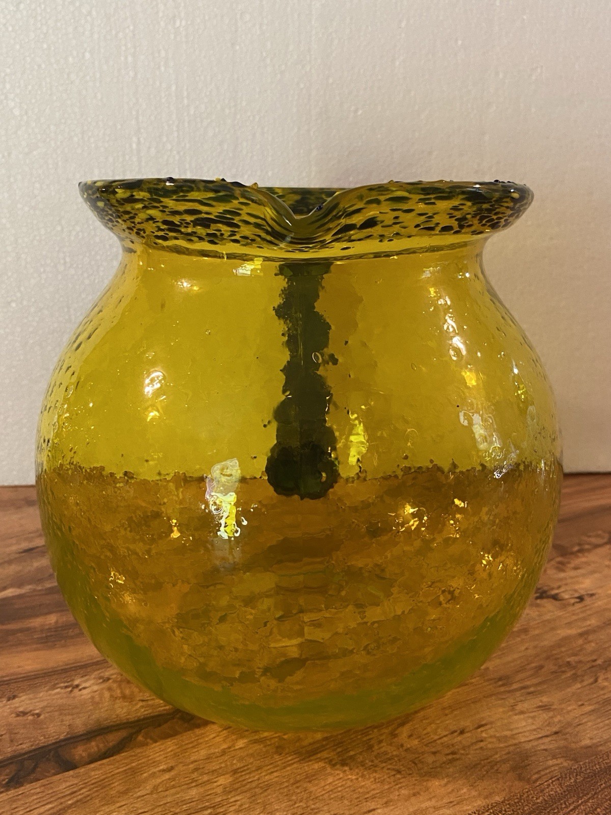 Hand Blown Yellow & Cobalt Blue Glass Pitcher