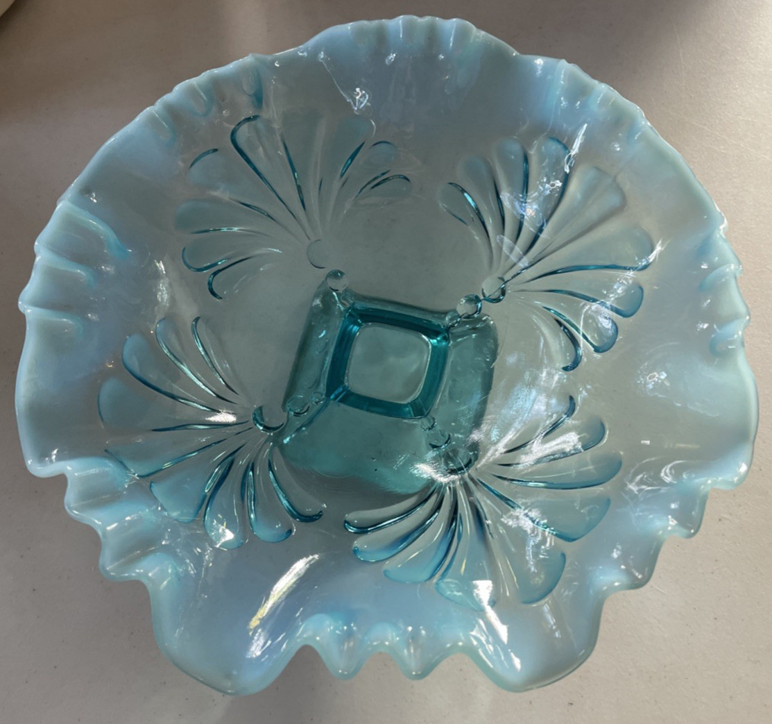 Antique JEFFERSON GLASS Shell & Dot Blue Opalescent Glass Footed Bowl c. 1905