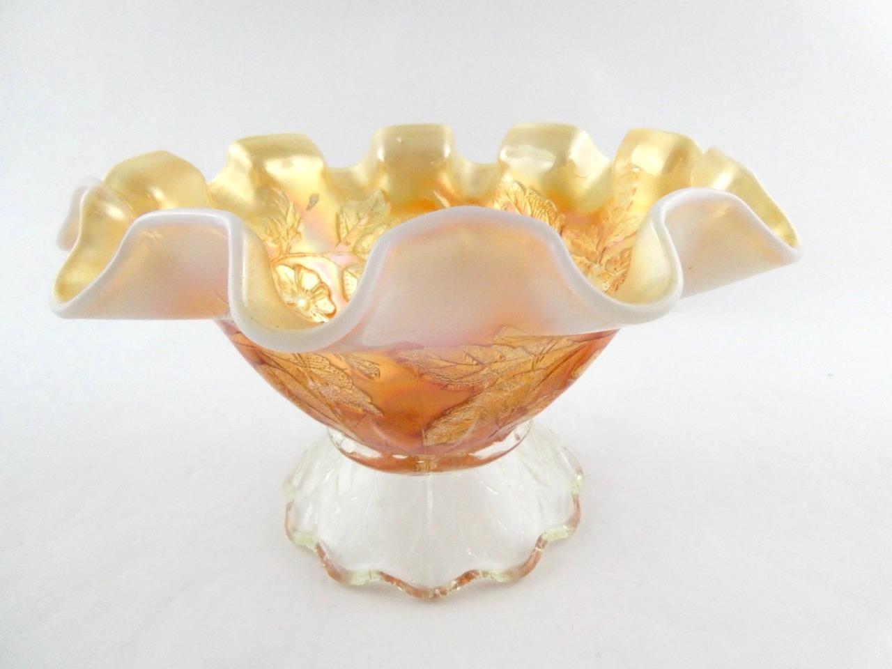 Vintage Dugan Dogwood Sprays Marigold Opalescent Carnival Glass Footed Bowl