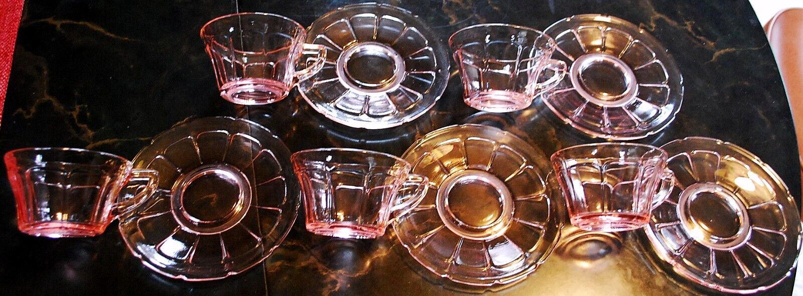 Vtg Set 5 ‘VICTORY’ PINK DEPRESSION GLASS Cups/Matching Saucers c1930 By Diamond