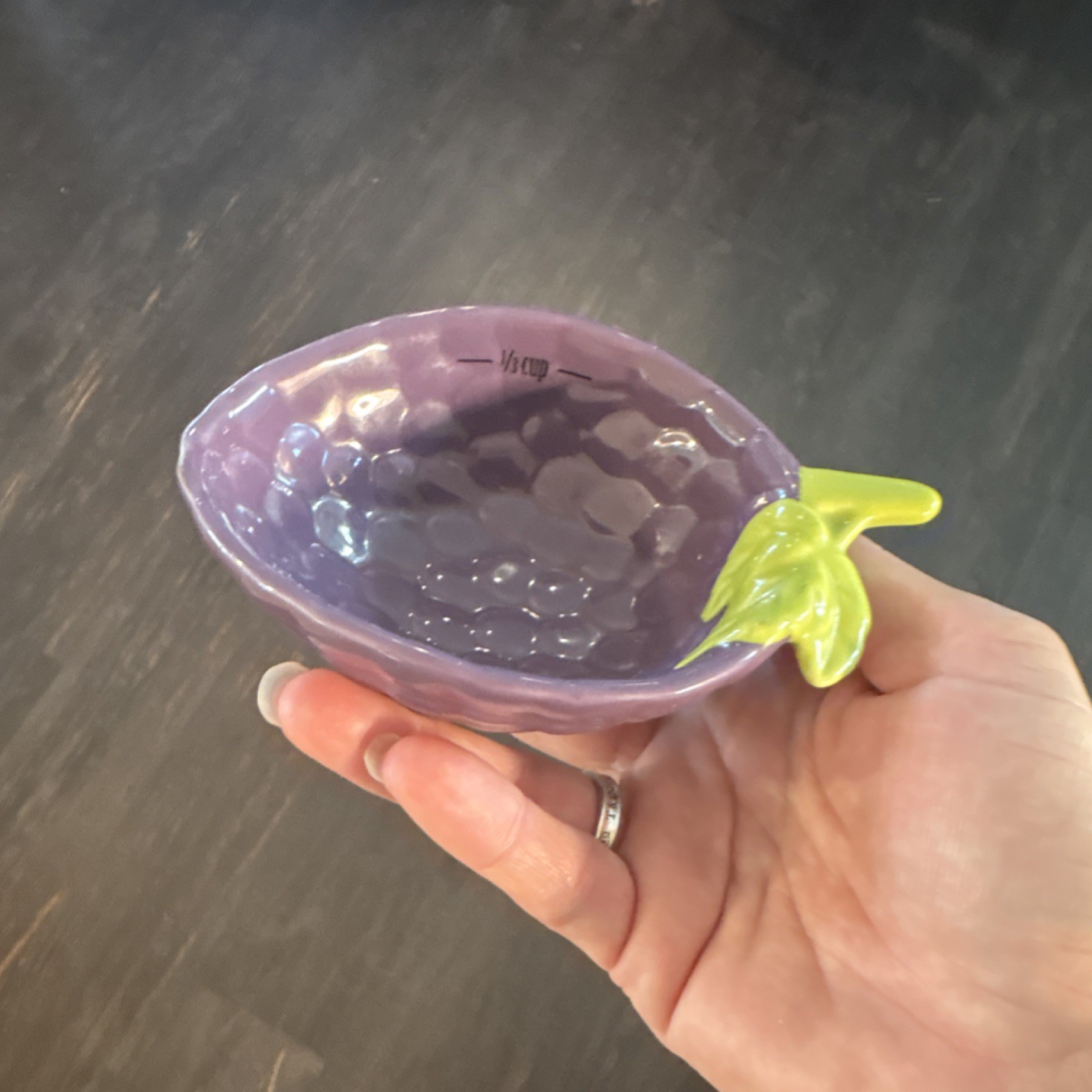 Grape Ceramic 1/3 cup.Purple /Green Glossy Oval Decorative 5in x 2.5in. Fruity.