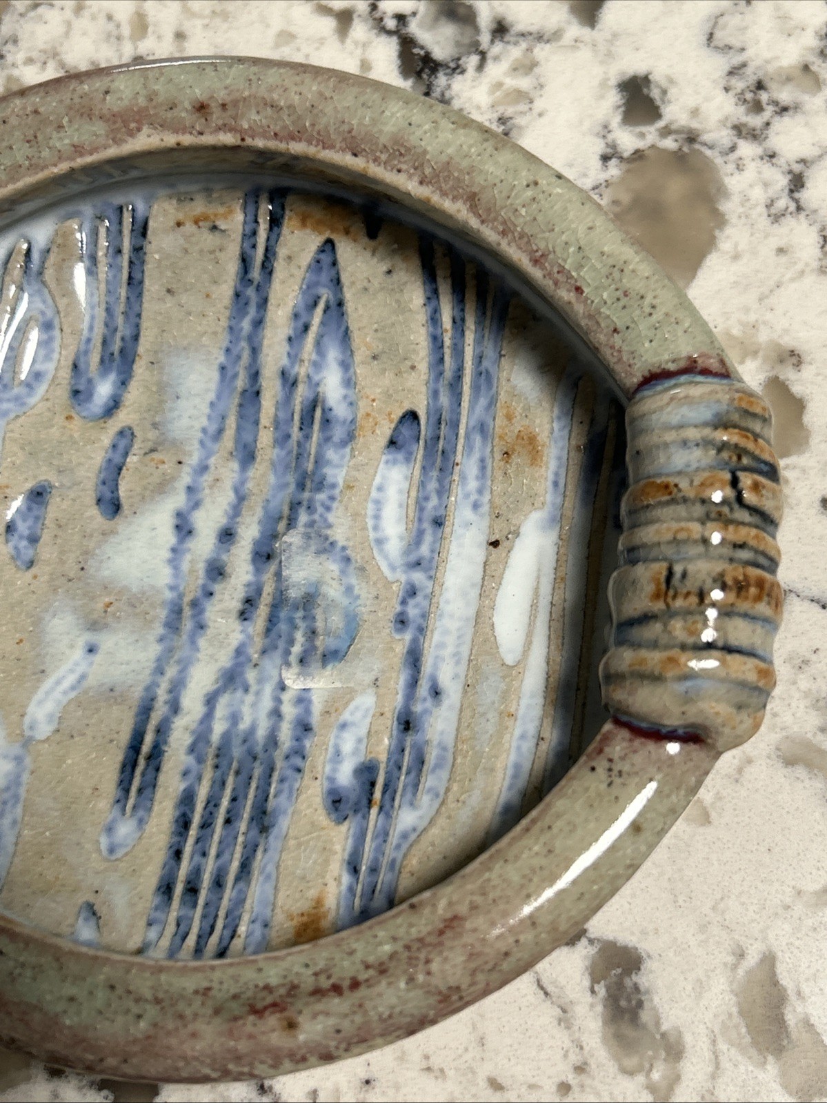Art Pottery Bowl 5 7/8″x4 1/2”Oval Rich Blue Glaze Embossed Signed One of a Kind
