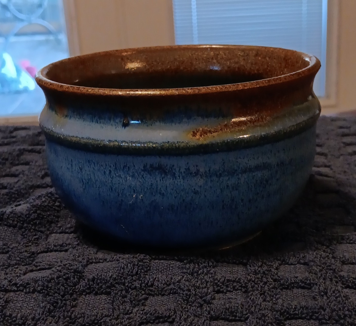 Unmarked Blue & Brown Drip Glaze Pottery Bowl, Round Shape