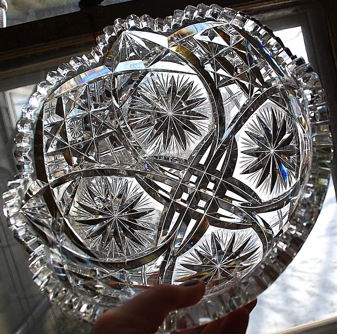 EARLY Antique ABP American Brilliant Period STAR/Xs Hand Cut CRYSTAL BOWL Heavy