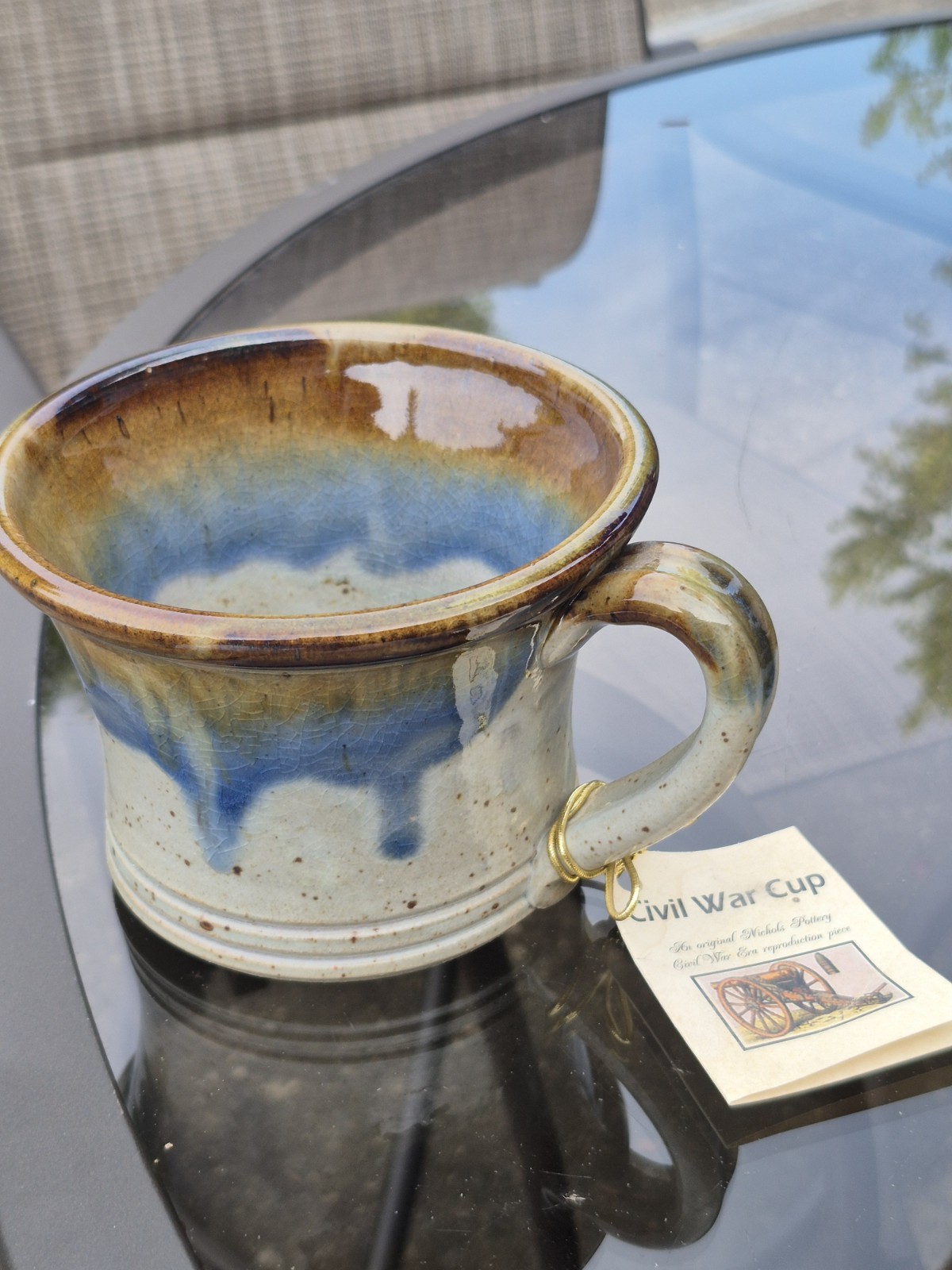 NICHOLS POTTERY Brown Tan Blue Stoneware Civil War Cup – North Carolina – W/ Tag