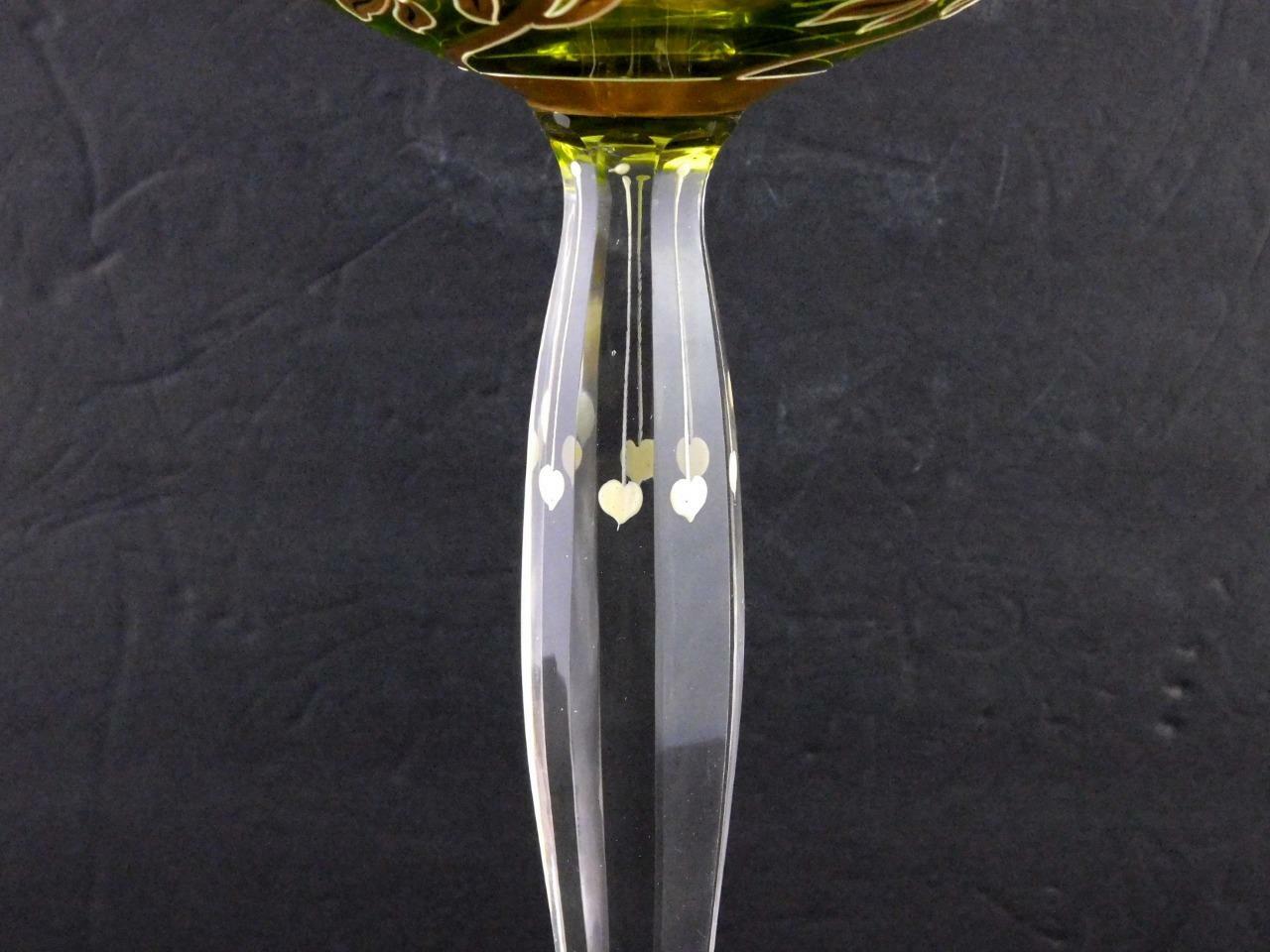 Art Glass Tall Stem Compote Dish Nouveau Floral Gold Green Clear X Mark