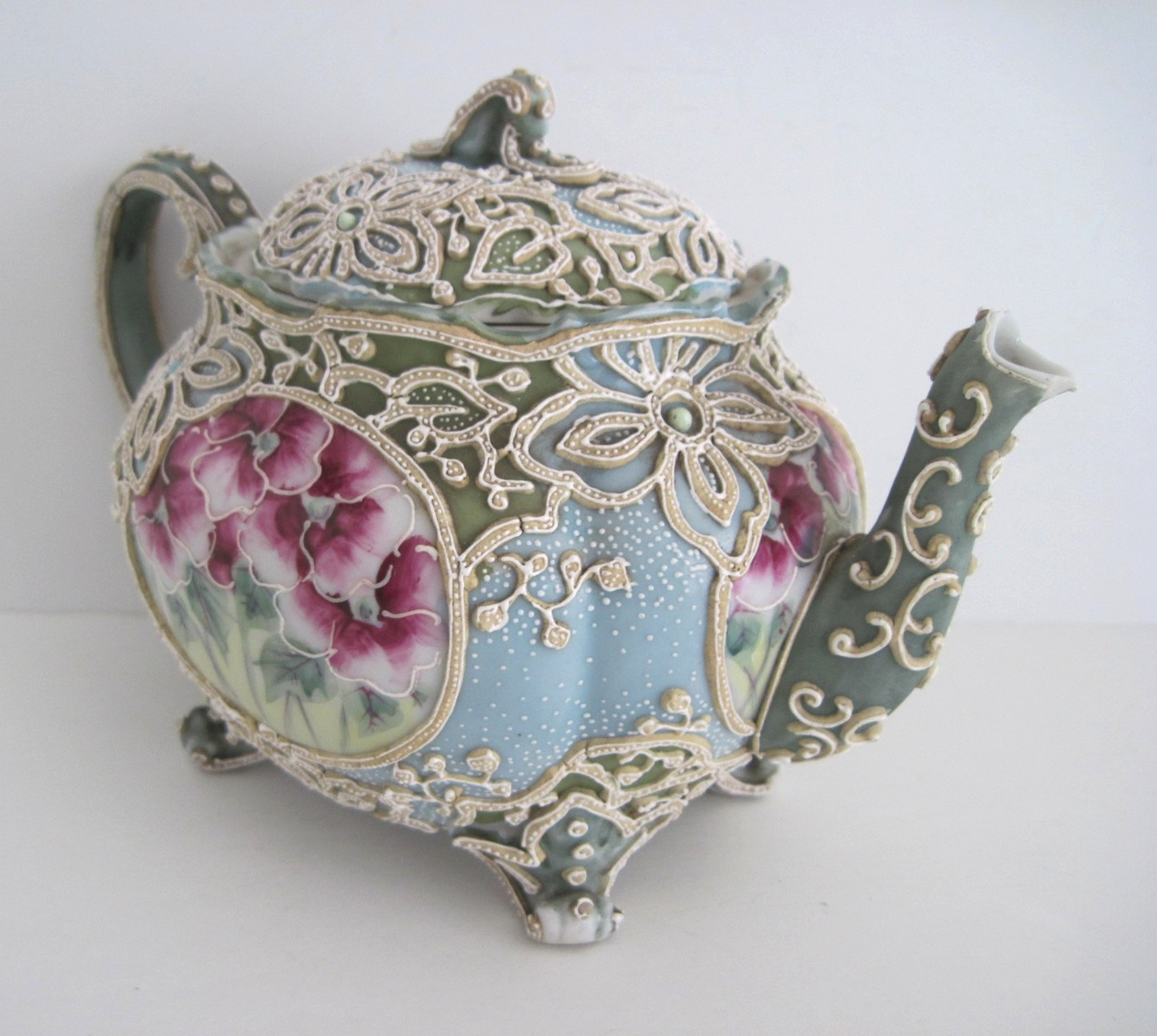 Antique Nippon Moriage Teapot Green Blue With Hand Painted Flowers READ