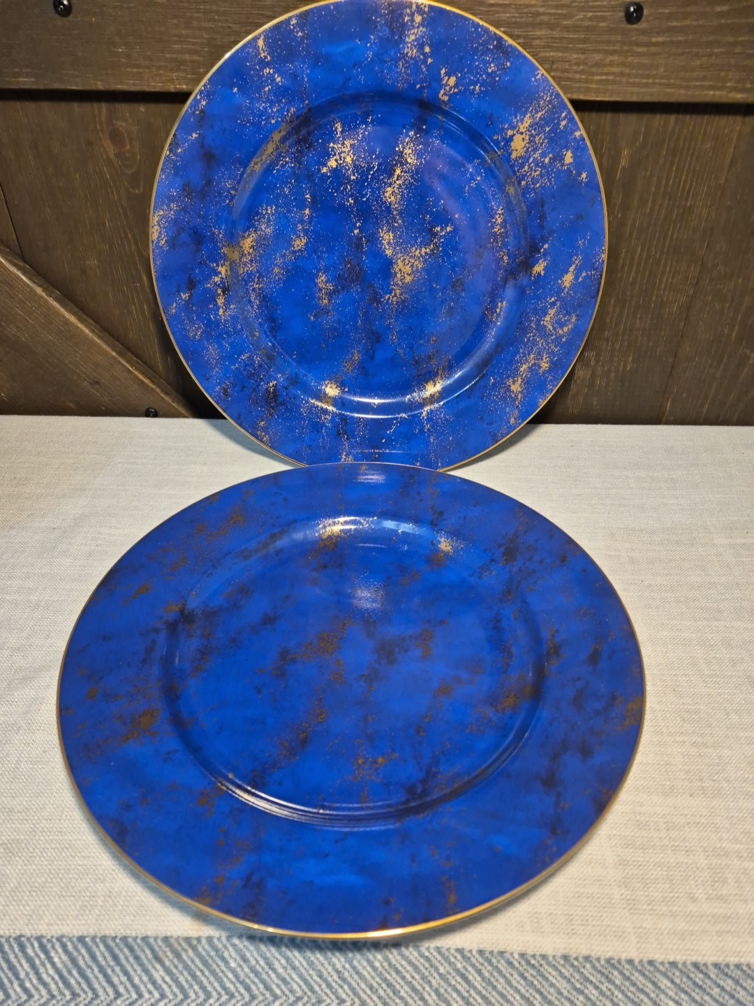 LOT OF 2 NEIMAN MARCUS BLUE LAPIS LAZULI 24K GOLD TRIM DINNER/CHARGER PLATE 12″