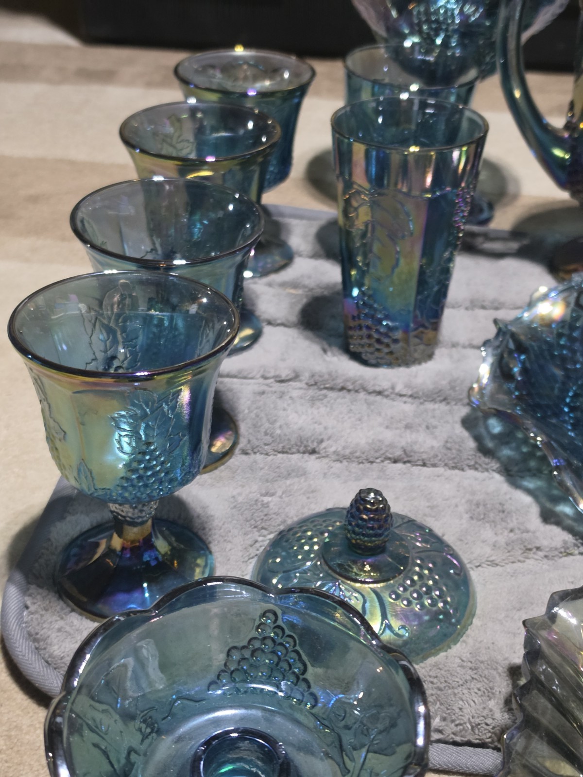 9 Pcs Indiana Carnival Glass Iridescent Blue 1 Pitcher,  & 8 Goblets