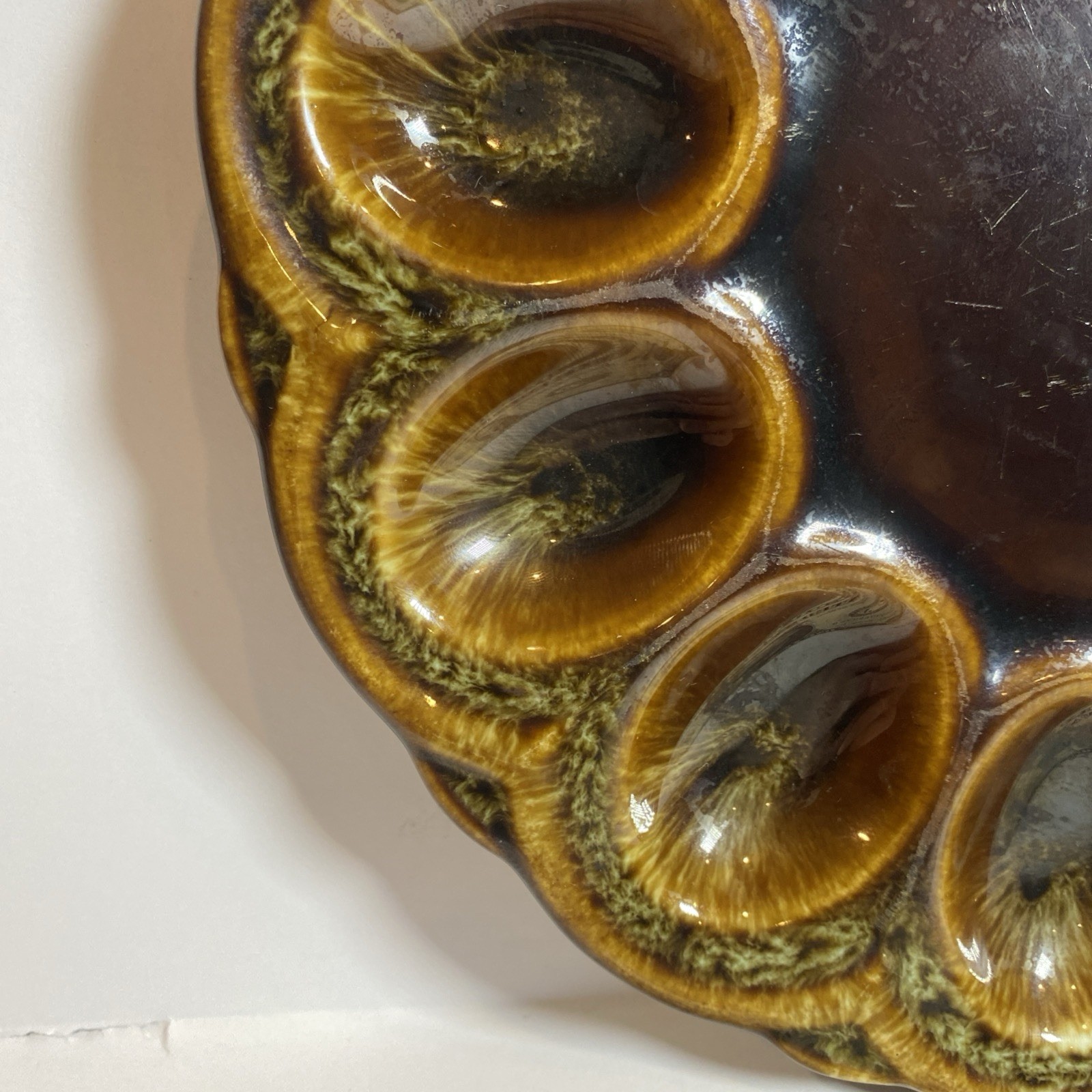Vintage Canonsburg? Peacock Brown Drip Glaze Deviled Egg Platter 9” 12 Egg USA