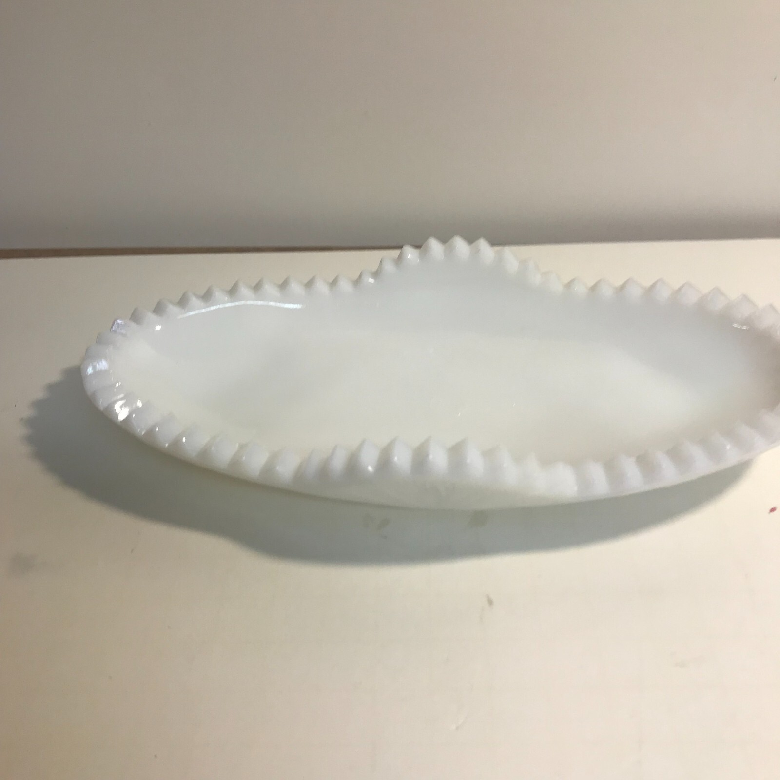 Vintage Milk Glass Sawtooth Edge Relish Tray stamp in middle is pres. cut.