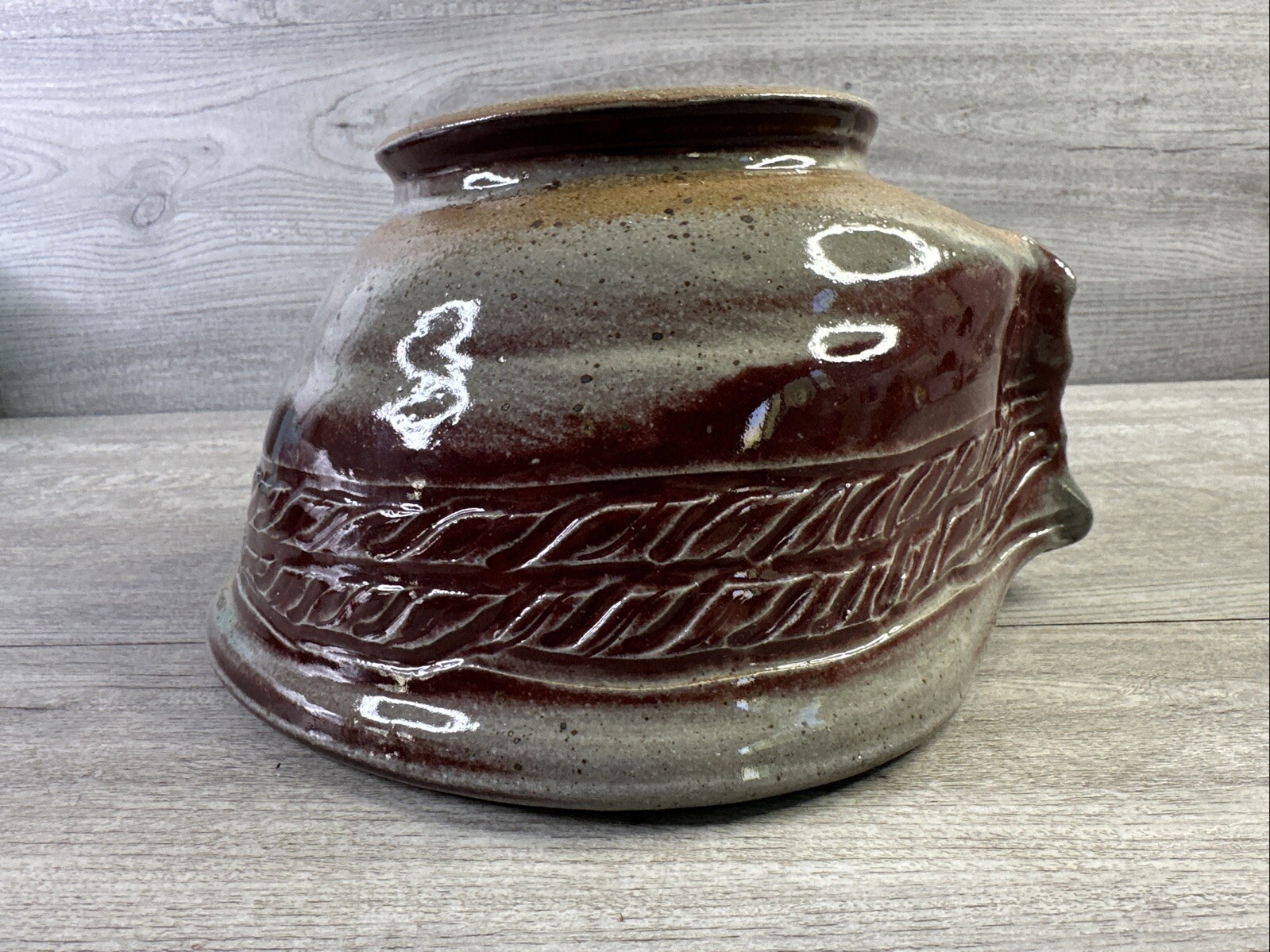 Studio Made Pottery Bowl Pinched Side Red Gray Abstract Design Signed