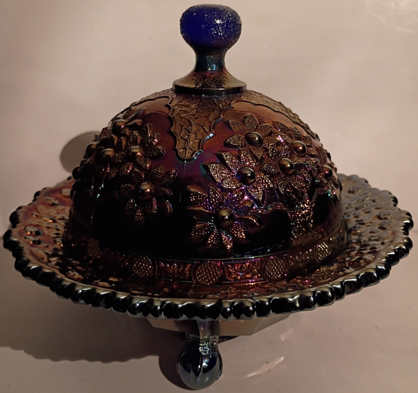 Fenton Orange Tree Blue Carnival Doomed Butter Dish 6.5″ Tall 7.25″ Dia Stunning