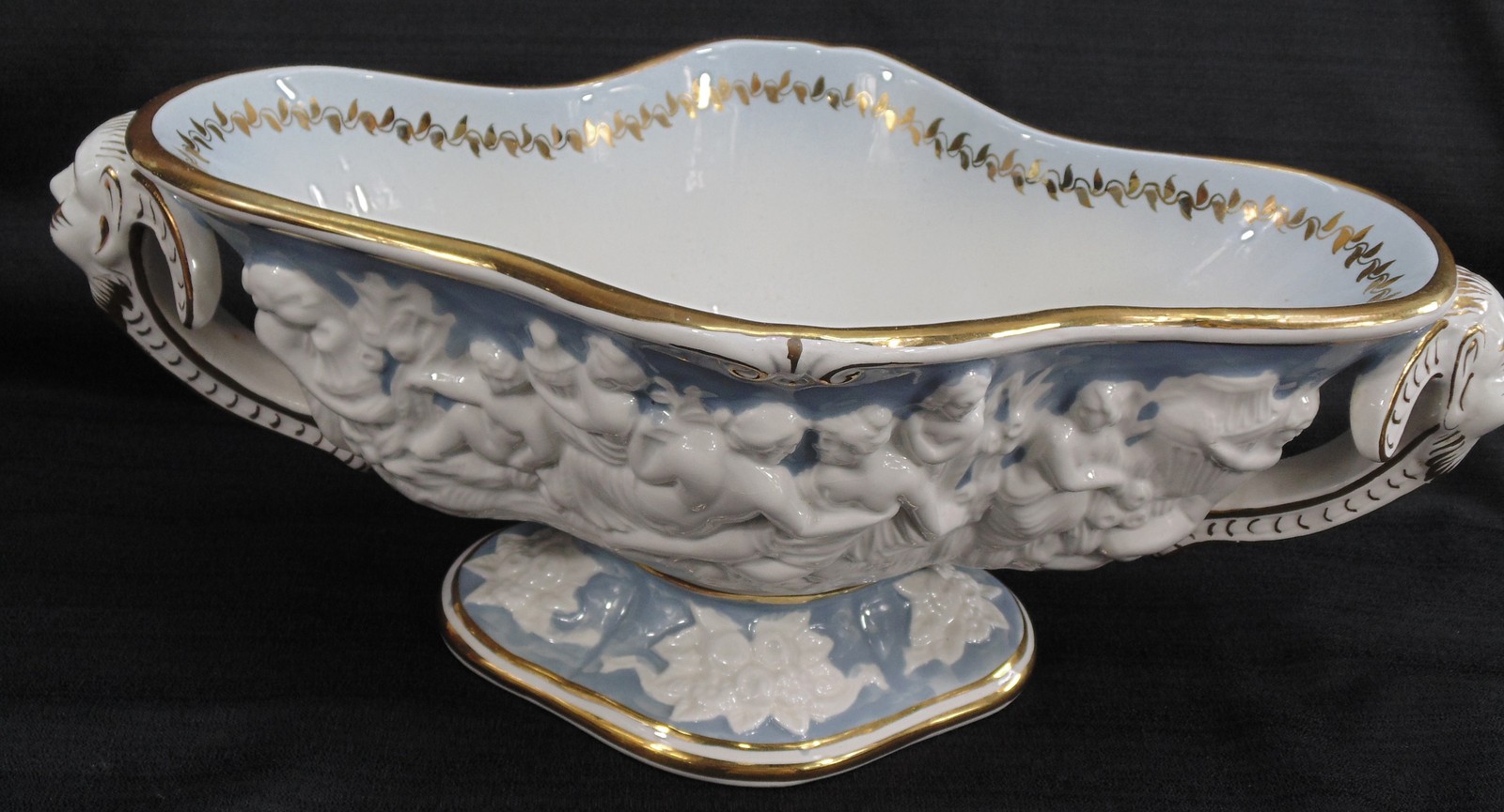 Vintage GB R. Capodimonte Porcelain Blue/White Gold Pedestal Centerpiece Bowl
