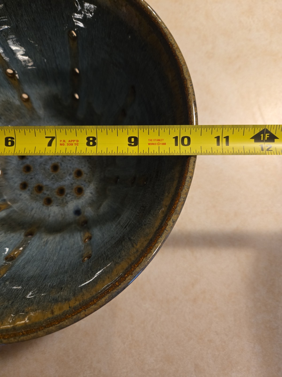 Glazed Pottery Vegetable Strainer Bowl Blue Beige Colander Heavy Kitchenware