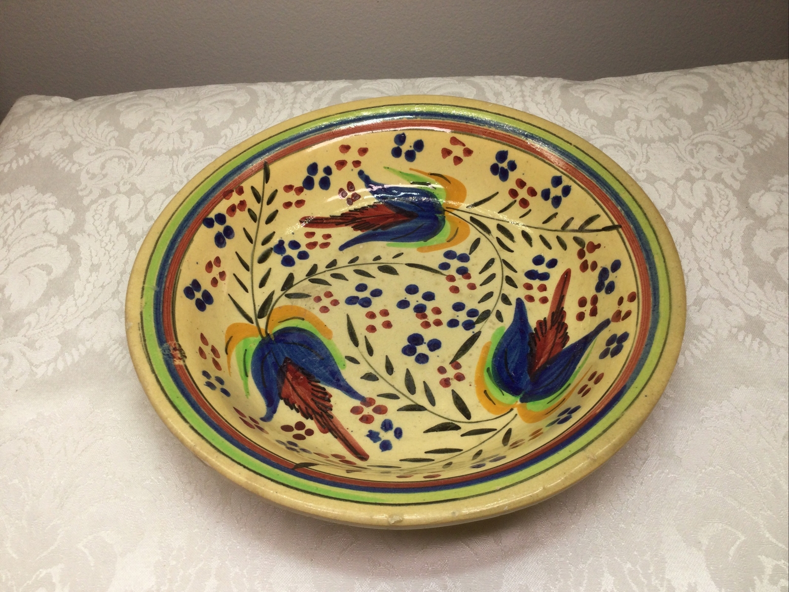 Antique Ceramic Earthenware Bowl Hand Painted Signed VG DEERX Spain 9.75”D