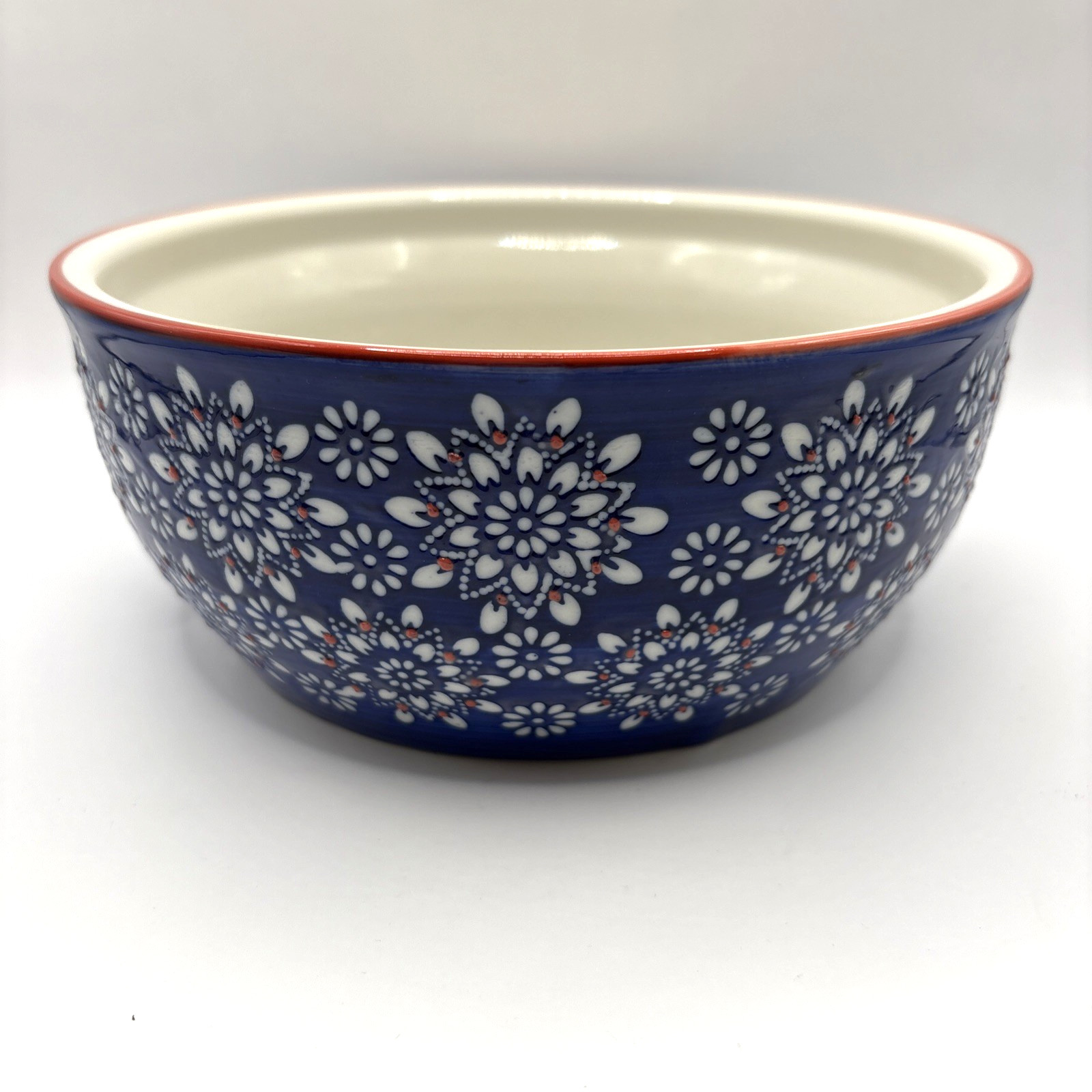 VTG Yokohama Studio Blue White Red Floral Hand Painted Ceramic Bowl 7″ x 3″