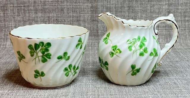 2 pc AYNSLEY England Cream & Sugar Set Bone China Green Clover Motif Gold Trim