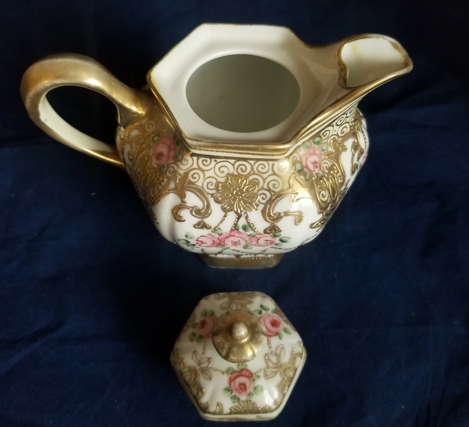 Nippon Hand Painted Pink Rose Gold Beaded & Scrollwork Pitcher C. 1891 – 1911