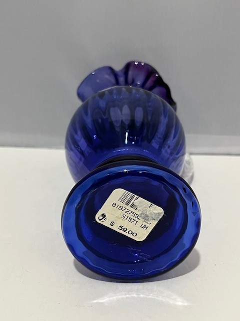 VTG 6″ Fenton Royal Blue Purple signed Small Pitcher Ruffled Edge-ridged Handle