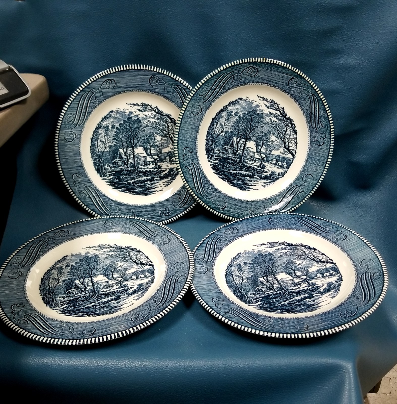 4 Currier & Ives Old Grist Mill by Royal Blue Transferware Dinner Plates 10″