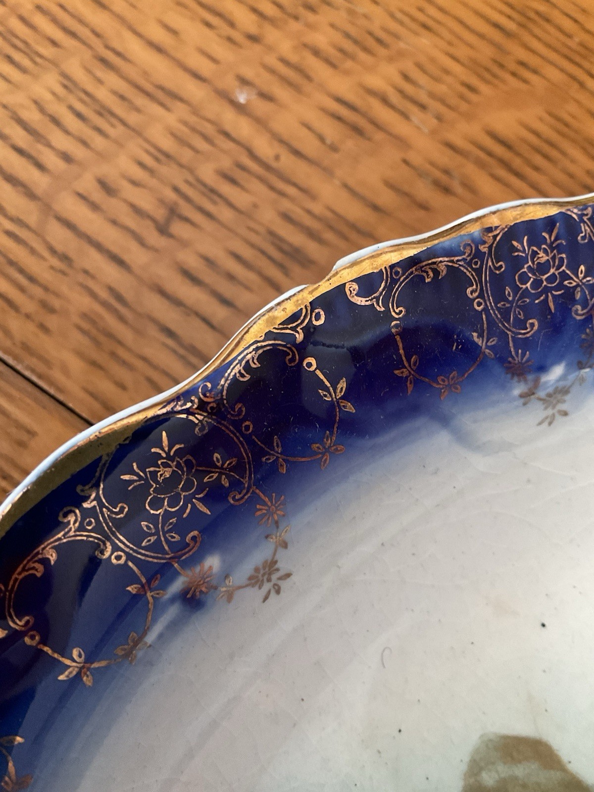 Antique Fish Serving Set, 7 Pc. Gold Rim Flow Blue Feathered Edge