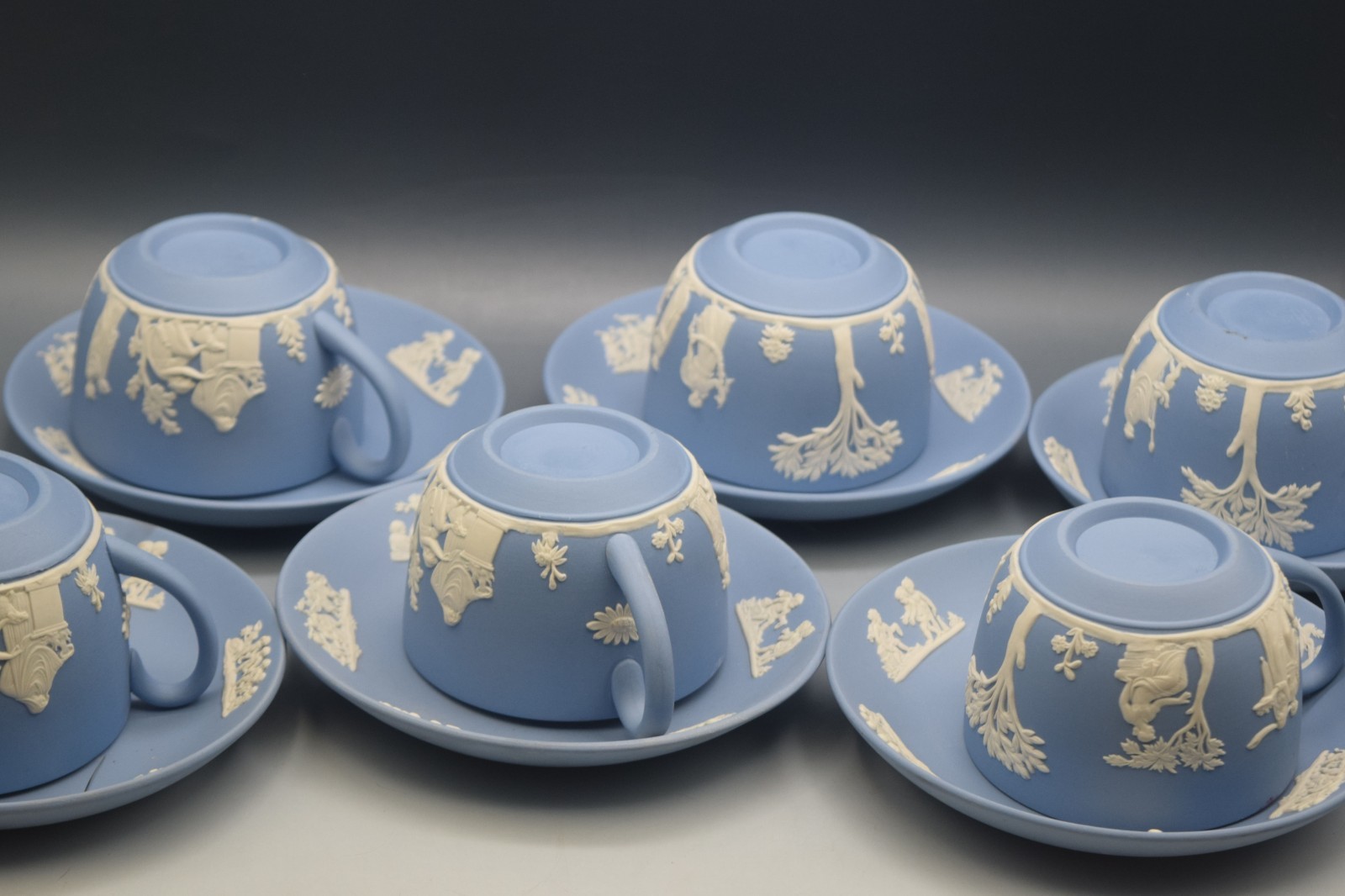 6 SETS WEDGWOOD BLUE JASPERWARE CUPS AND SAUCERS NEOCLASSICAL MYTHOLOGY