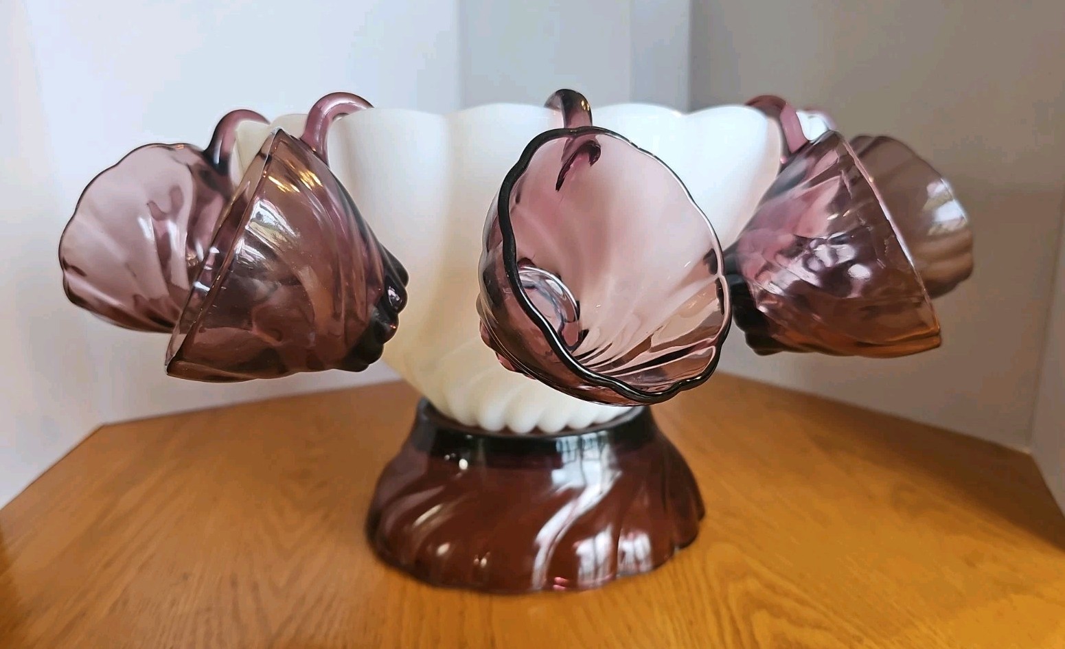 Amethyst & White Milk Glass Swirl Punch Bowl & Stand 10 Amethyst Cups