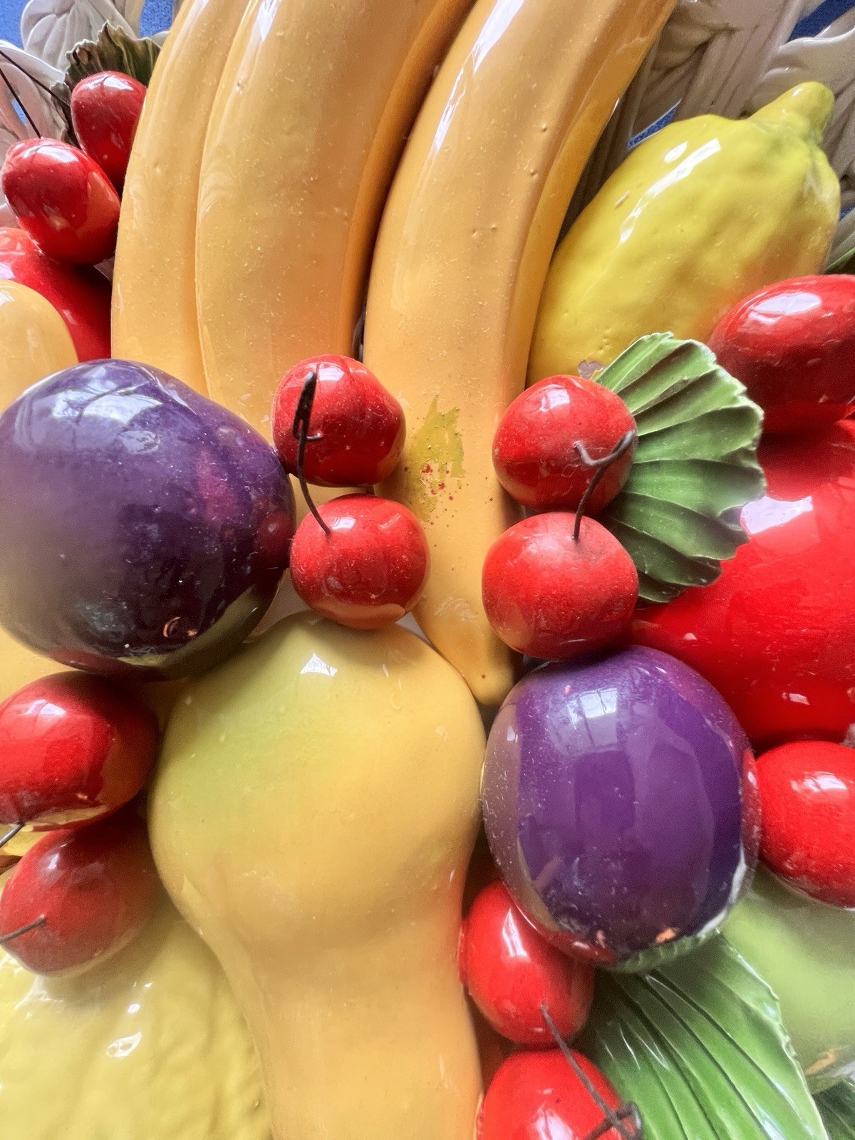 1960s Italian Capodimonte Ceramic Fruit Centerpiece 17”D ITALY MCM Colorful