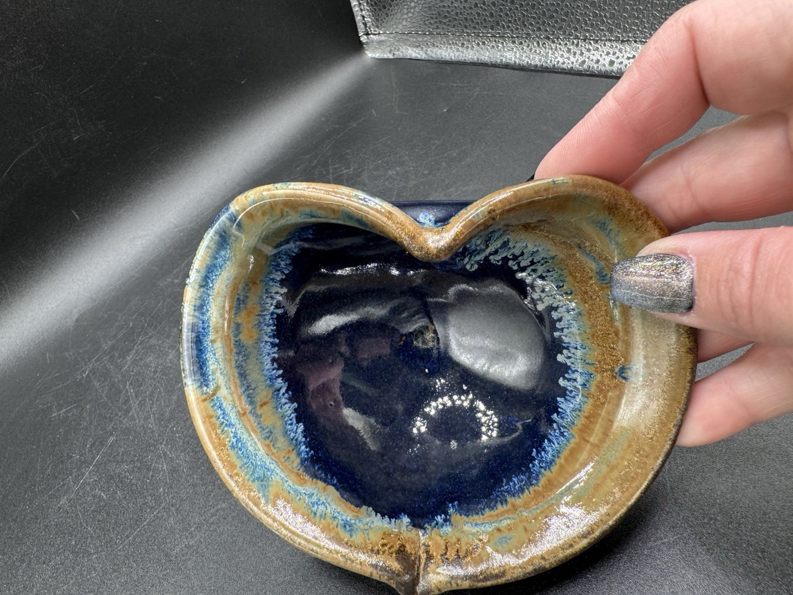 Pigeon River Pottery Heart Shaped Bowl Blue Beige Drip Glaze Signed Ceramic 5.5”