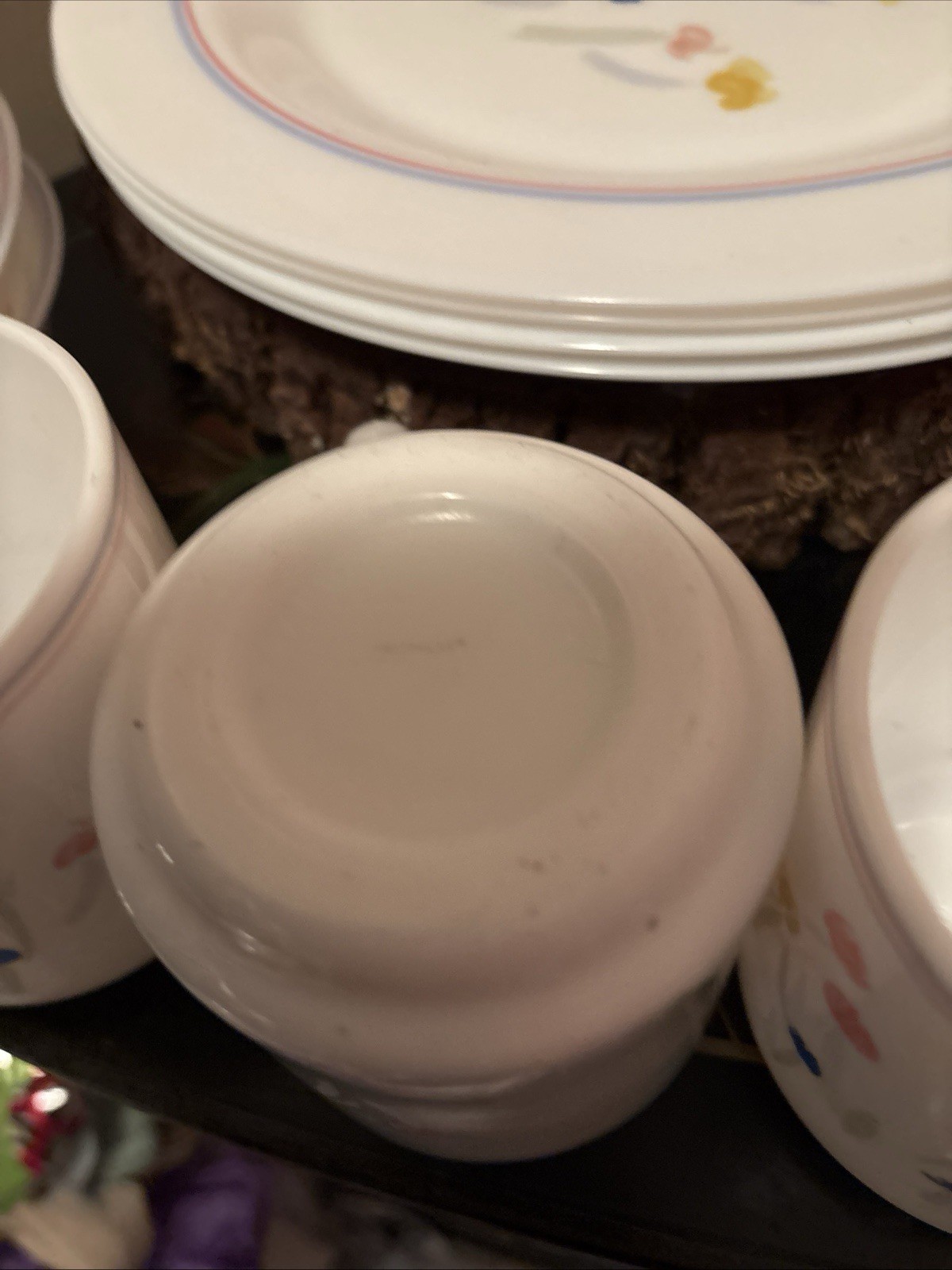 ARCOPAL France PASTORAL Vtg. Milk Glass 4 Salad 4 dinner, 3 soup bowls 4 Mugs