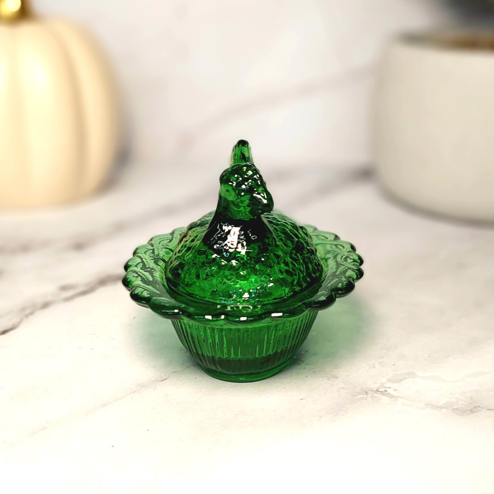 Mosser Mini Hen on Nest Chicken Salt Dish, Green Depression Style Glass