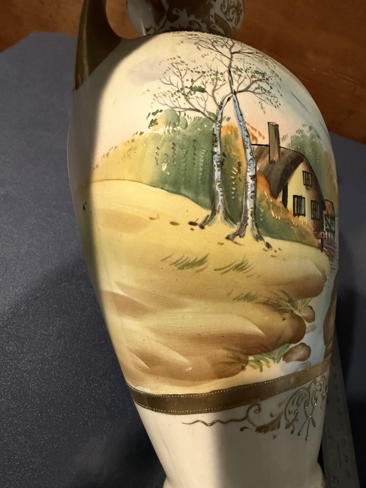 Antique Nippon Hand Painted Scenic Double Handle Vase Gold Gilt Moriage 11”
