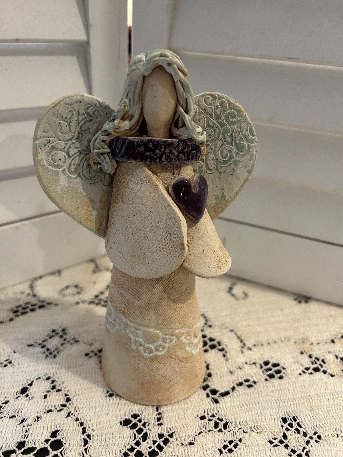 Pottery angel holding heart studio signed Olivia D Dowdy rustic North Carolina