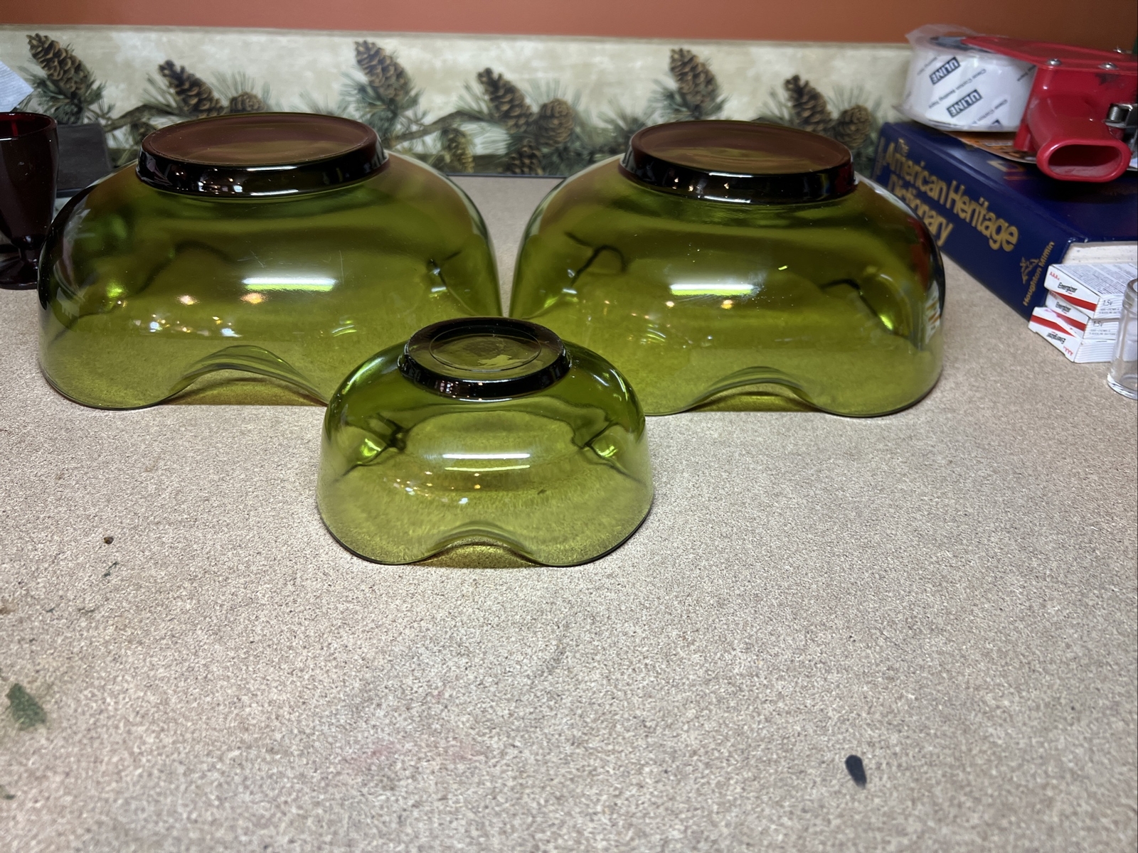 SET OF 3 Anchor Hocking Green Glass Pinched Sides Decorative Bowl NO CHIPS!