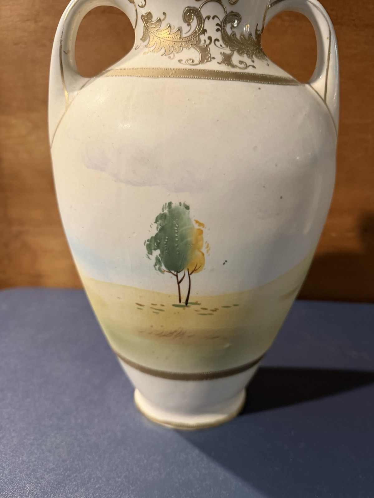 Antique Nippon Hand Painted Scenic Double Handle Vase Gold Gilt Moriage 11”
