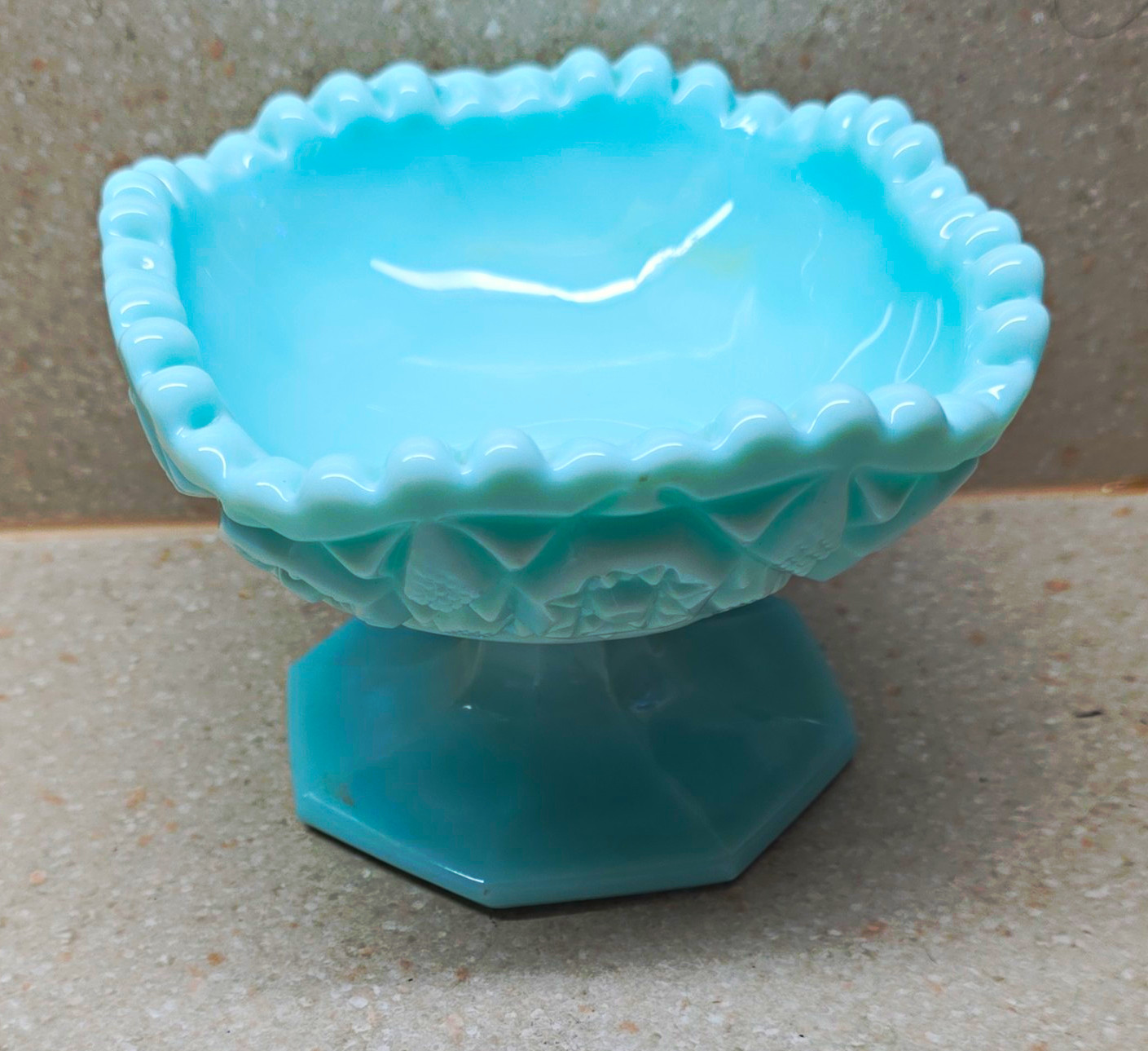 Blue Milk Glass Quilted Square Pedestal Compote Bowl Glossy Decorative