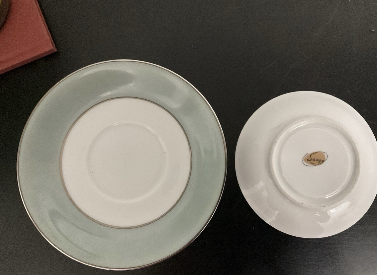 Vintage Sango Japan Sheffield Plates and Saucers Celadon Silver Rim- 22 Pc Lot